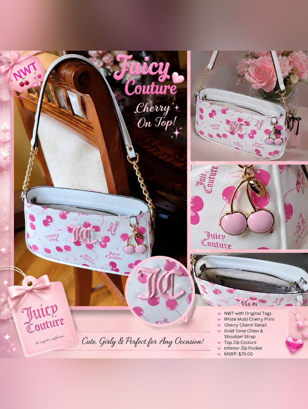 πJuicy Couture Cherry On Top Shoulder Bag White Multi Y2K Cherry Print Purse - Picture 1 of 6
